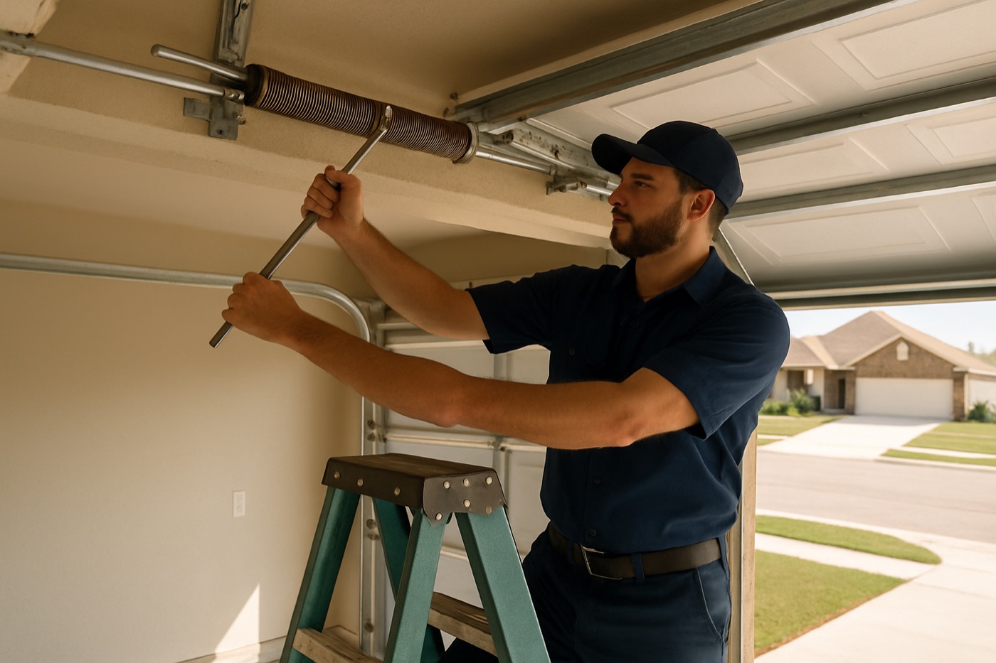 Technician repairing a garage door torsion spring at a Taylor, Texas home