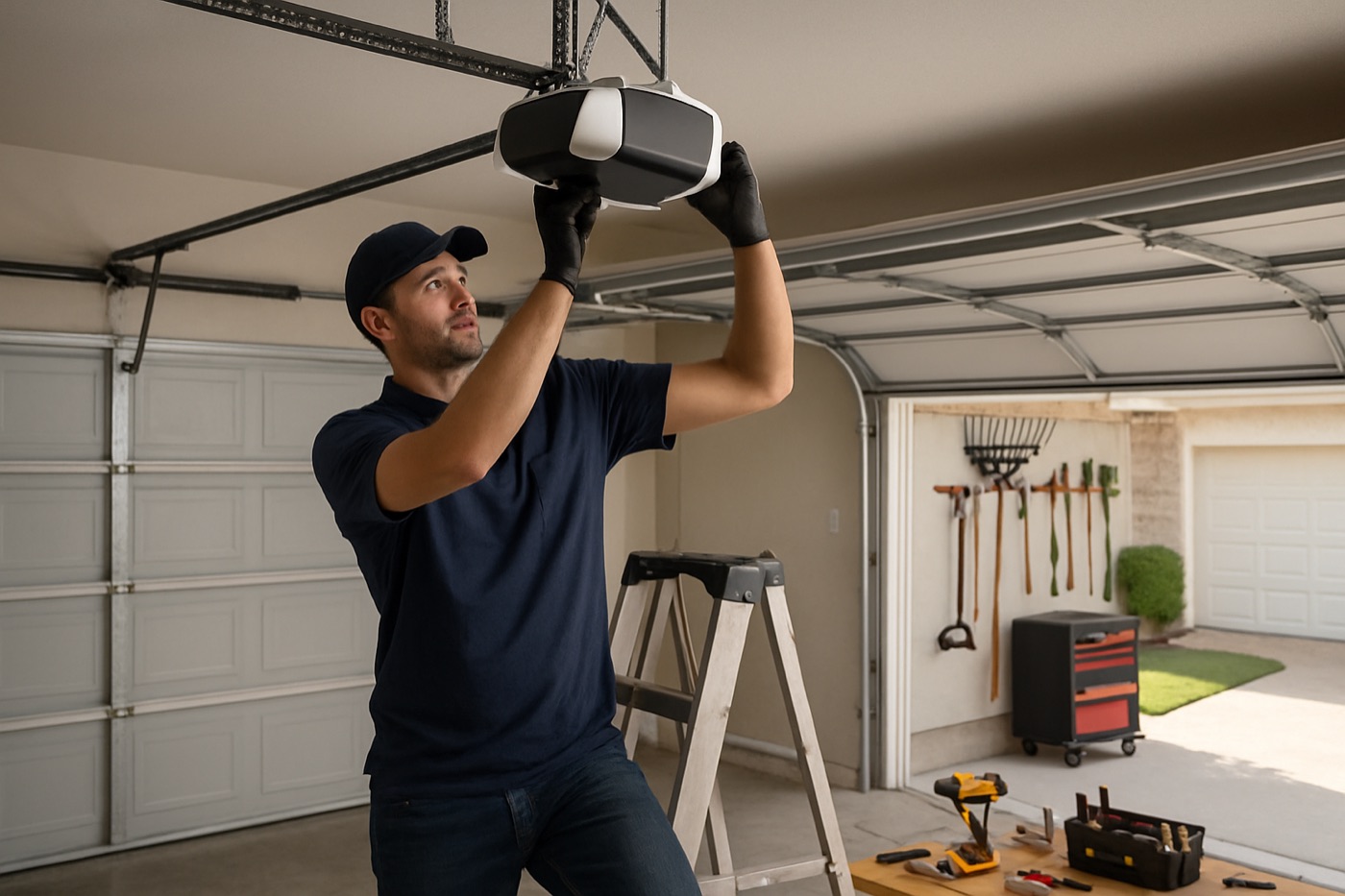 Technician installing a belt-drive garage door opener in a Taylor, Texas garage