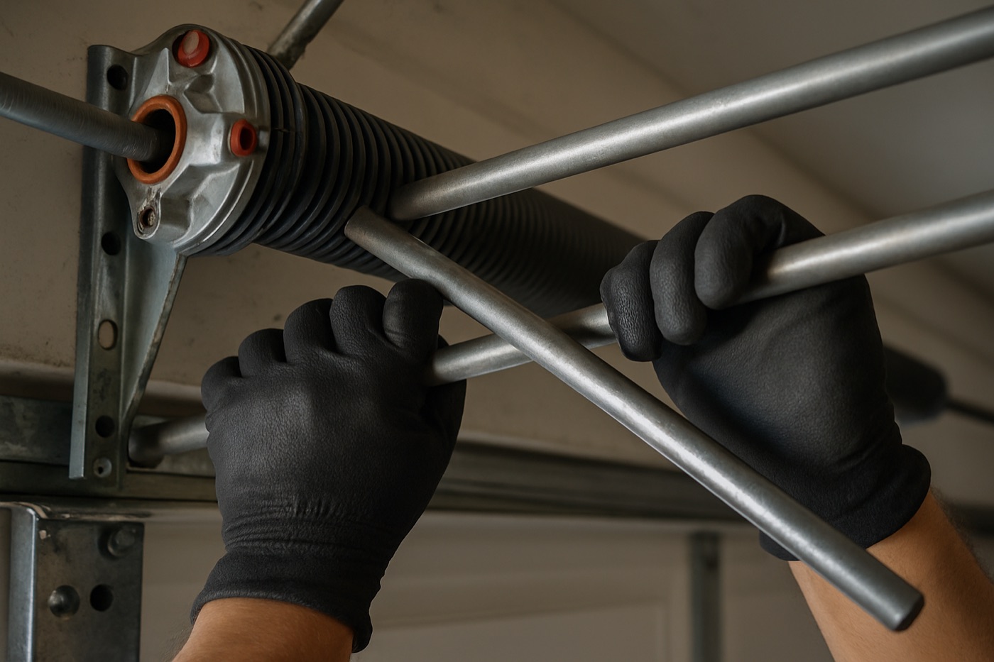 Technician adjusting garage door hardware with winding bars at a Taylor, Texas home